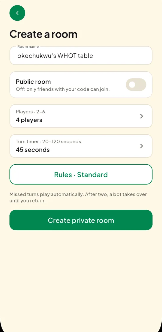 The create a room screen setting room name, players and turn timer