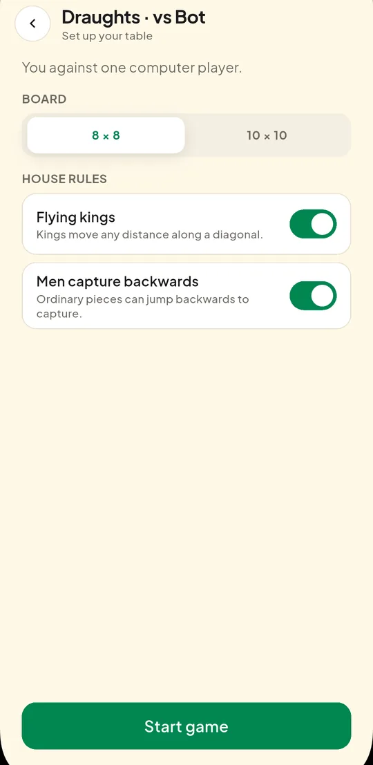 The draughts setup screen offering board size and house rules