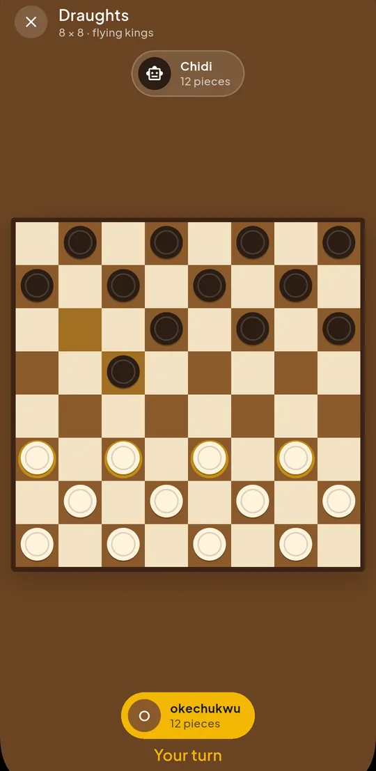 A NaijaGamez draughts match on the 8×8 board with dark and light pieces