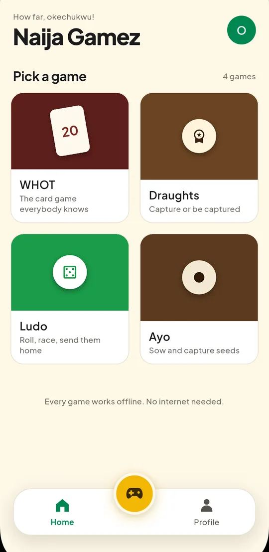 The NaijaGamez home screen listing Whot, Draughts, Ludo and Ayo