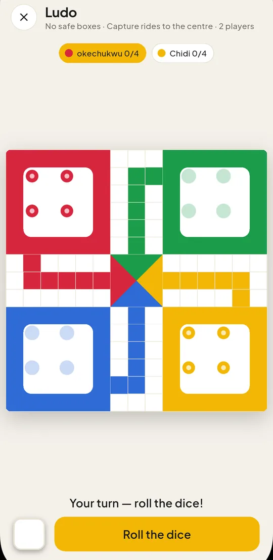 A Ludo match in progress with the roll-the-dice prompt