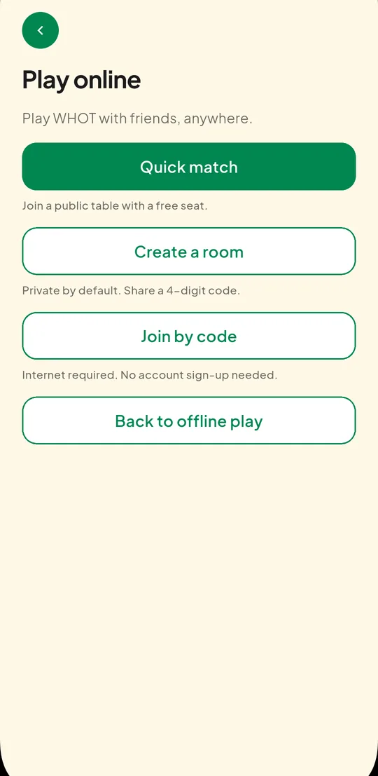 The play online screen with quick match, create a room and join by code