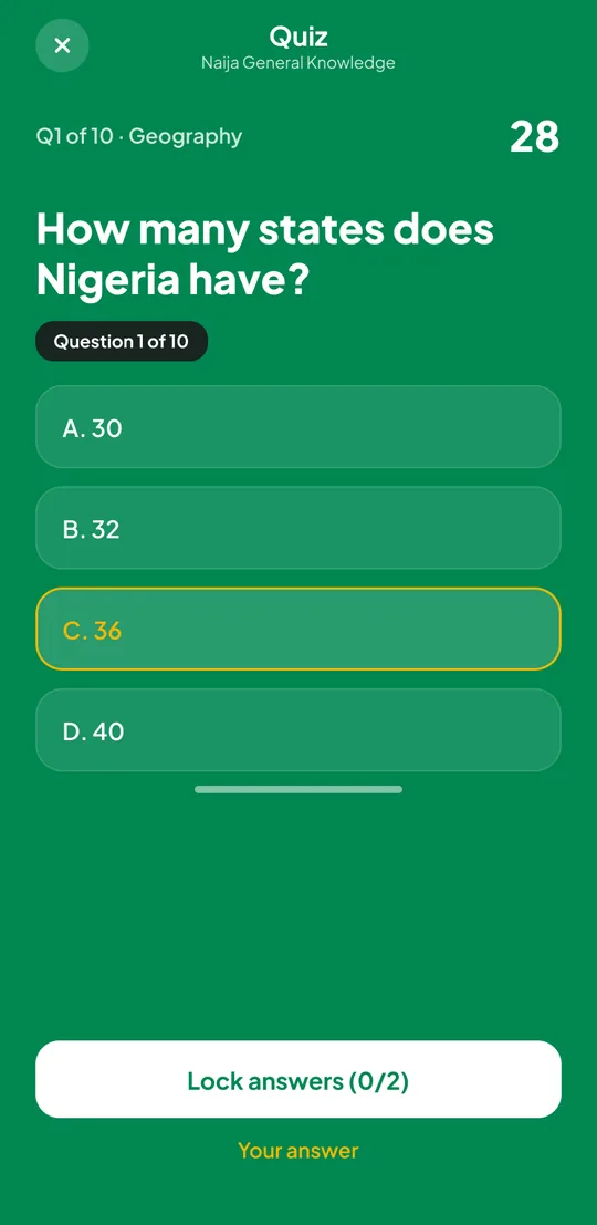 A NaijaGamez quiz question on Nigerian geography with four lettered answers to pick from