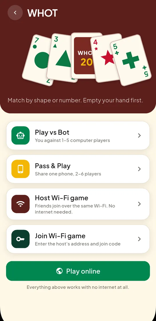 The Whot screen offering play vs bot, pass and play, Wi-Fi and online modes