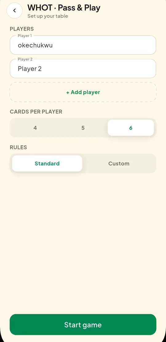 The Whot pass and play setup, naming each player at the table