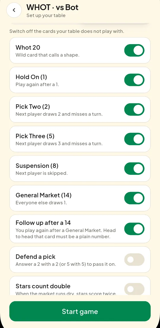 The Whot rules screen with toggles for Whot 20, Pick Two, Suspension and General Market