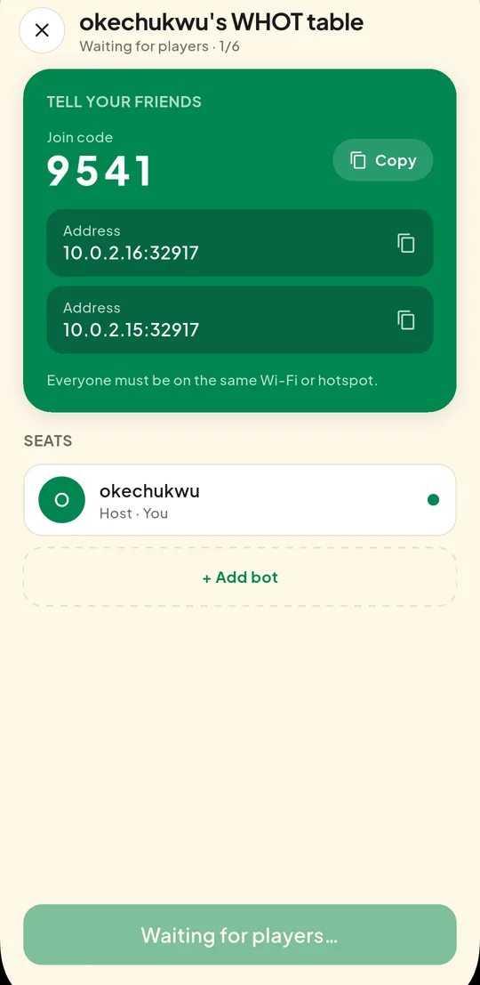 A Wi-Fi lobby in the app showing the join code 9541 and the host's addresses