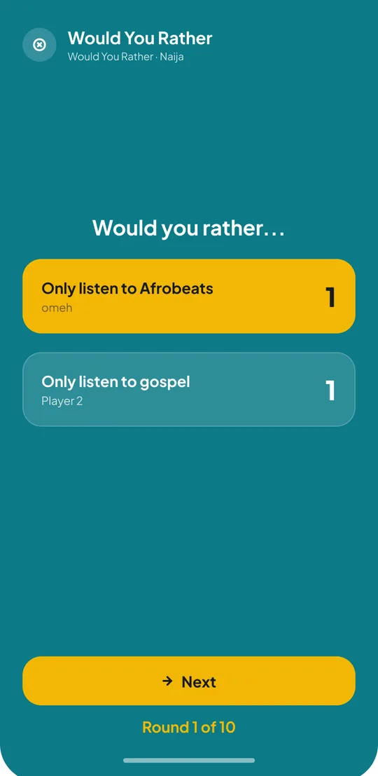 A Would You Rather round showing how the room split its votes between two options